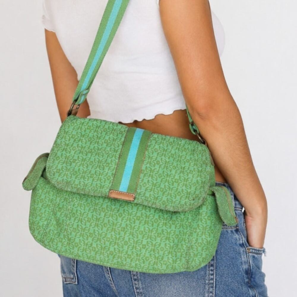 Y2K Fossil Monogram Messenger Bag Crossbody Green Canvas Preppy Mallgoth Retro